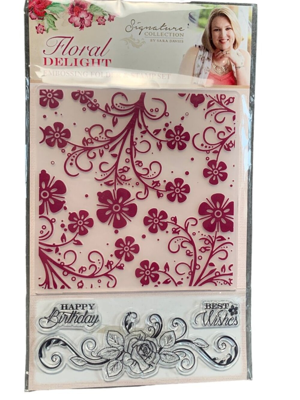 Sara Davies Embossing Folder & Stamp Set Floral Delight Happy Birthday/Best Wish